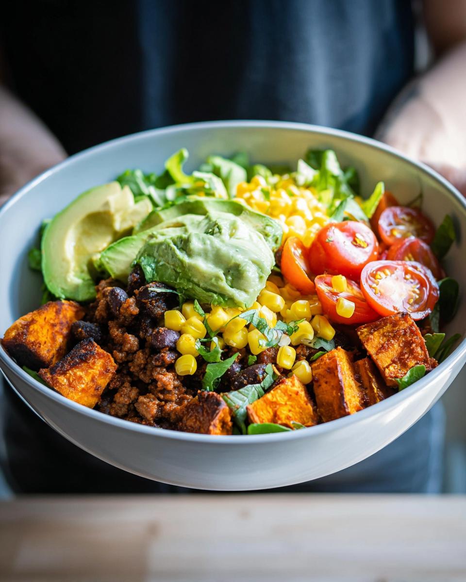 A vibrant Sweet Potato Taco Bowl filled with roasted sweet potatoes, black beans, corn, tomatoes, avocado, and greens.