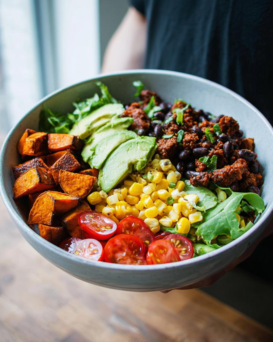 A vibrant Sweet Potato Taco Bowl filled with roasted sweet potatoes, black beans, corn, avocado, and tomatoes.