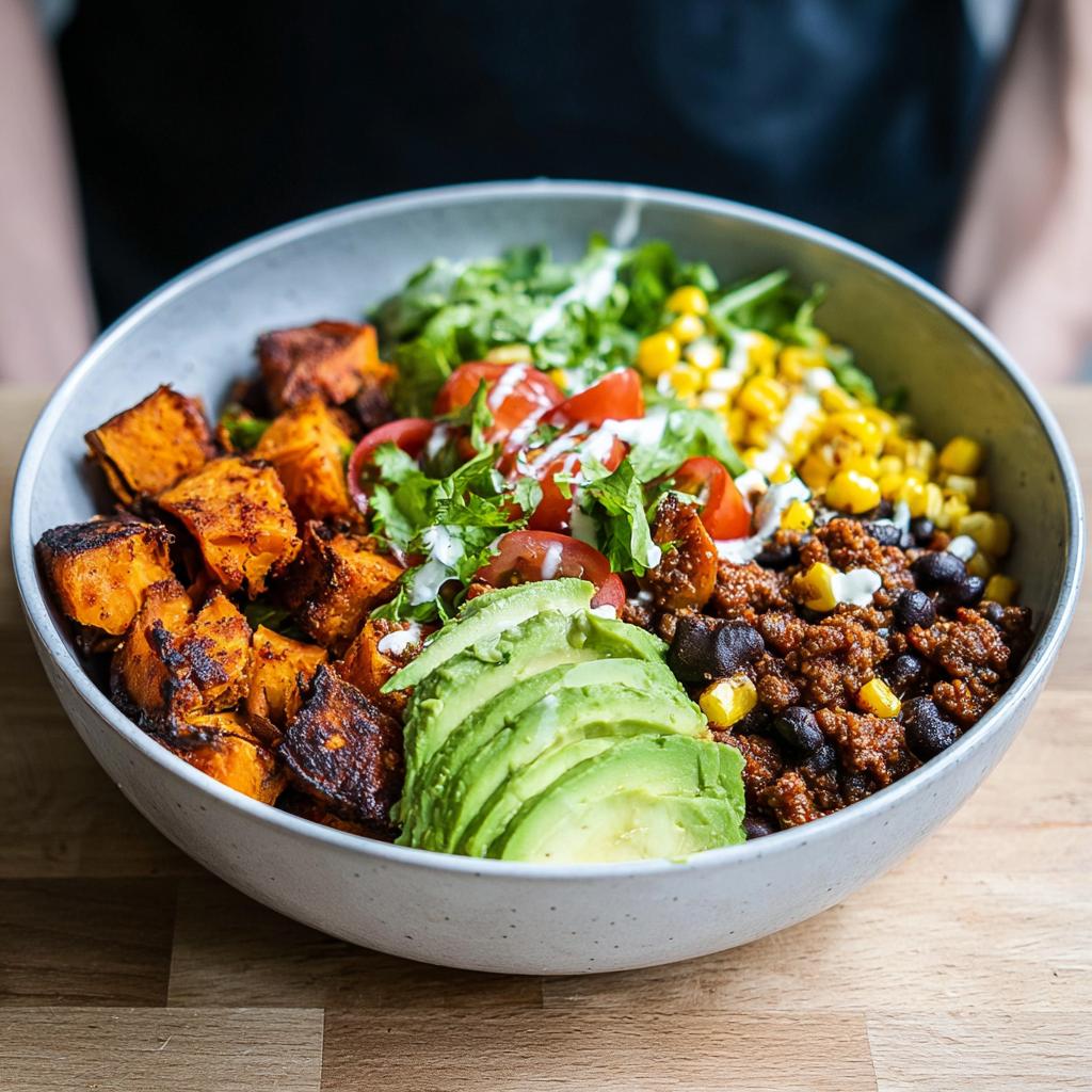 A vibrant Sweet Potato Taco Bowl filled with roasted sweet potatoes, black beans, corn, tomatoes, lettuce, avocado, and a creamy dressing.