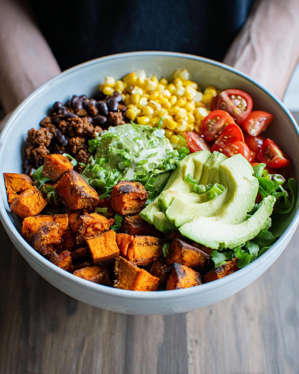 A vibrant Sweet Potato Taco Bowl filled with roasted sweet potatoes, black beans, corn, avocado, and tomatoes.