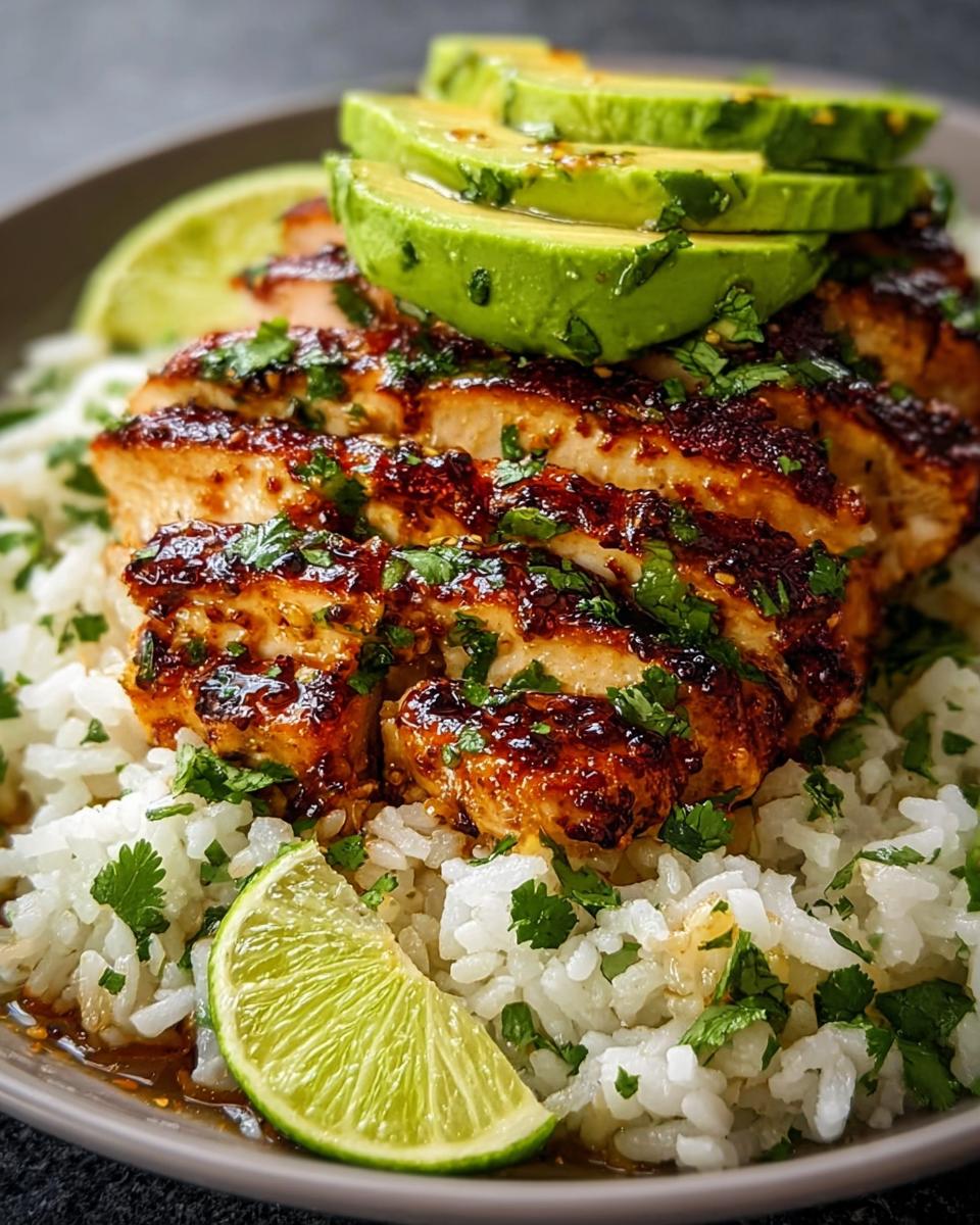 Close-up of Tangy Honey Lime Chicken Delight served over white rice, topped with sliced avocado and lime wedges.