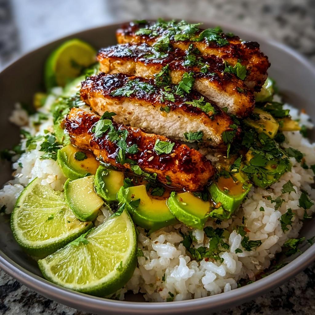 A bowl of Tangy Honey Lime Chicken Delight featuring sliced chicken breast over rice, topped with avocado and lime wedges, garnished with cilantro.