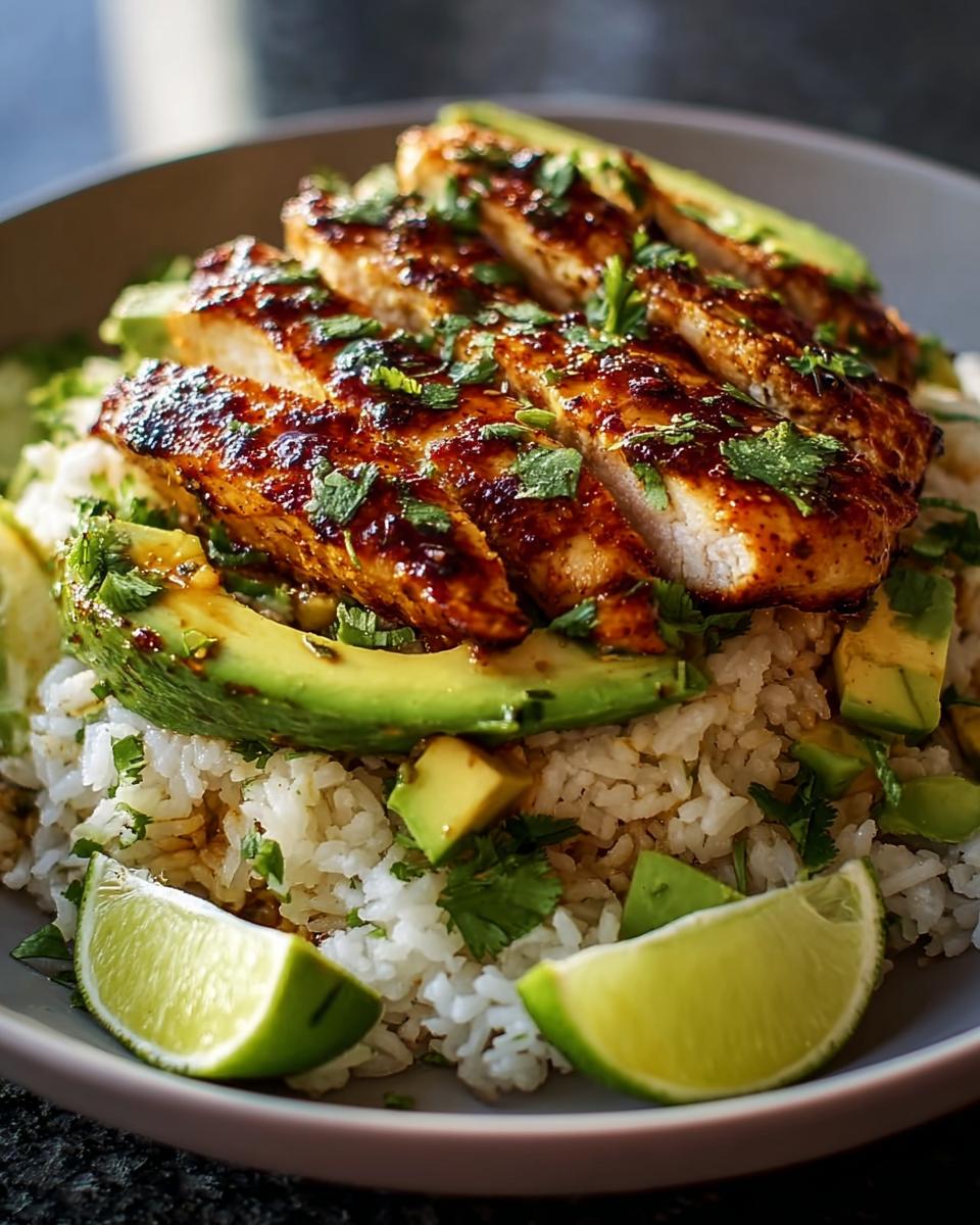 A close-up of Tangy Honey Lime Chicken Delight served over rice with sliced avocado and lime wedges, garnished with cilantro.