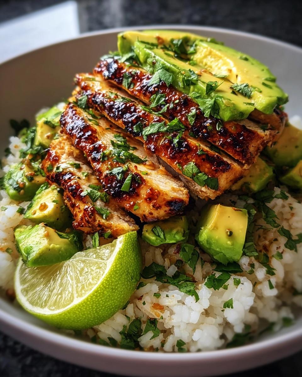 A close-up of Tangy Honey Lime Chicken Delight served over rice with avocado and lime.