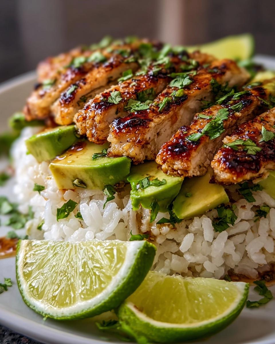 A close-up of Tangy Honey Lime Chicken Delight, featuring sliced chicken breast over rice with avocado and lime wedges.