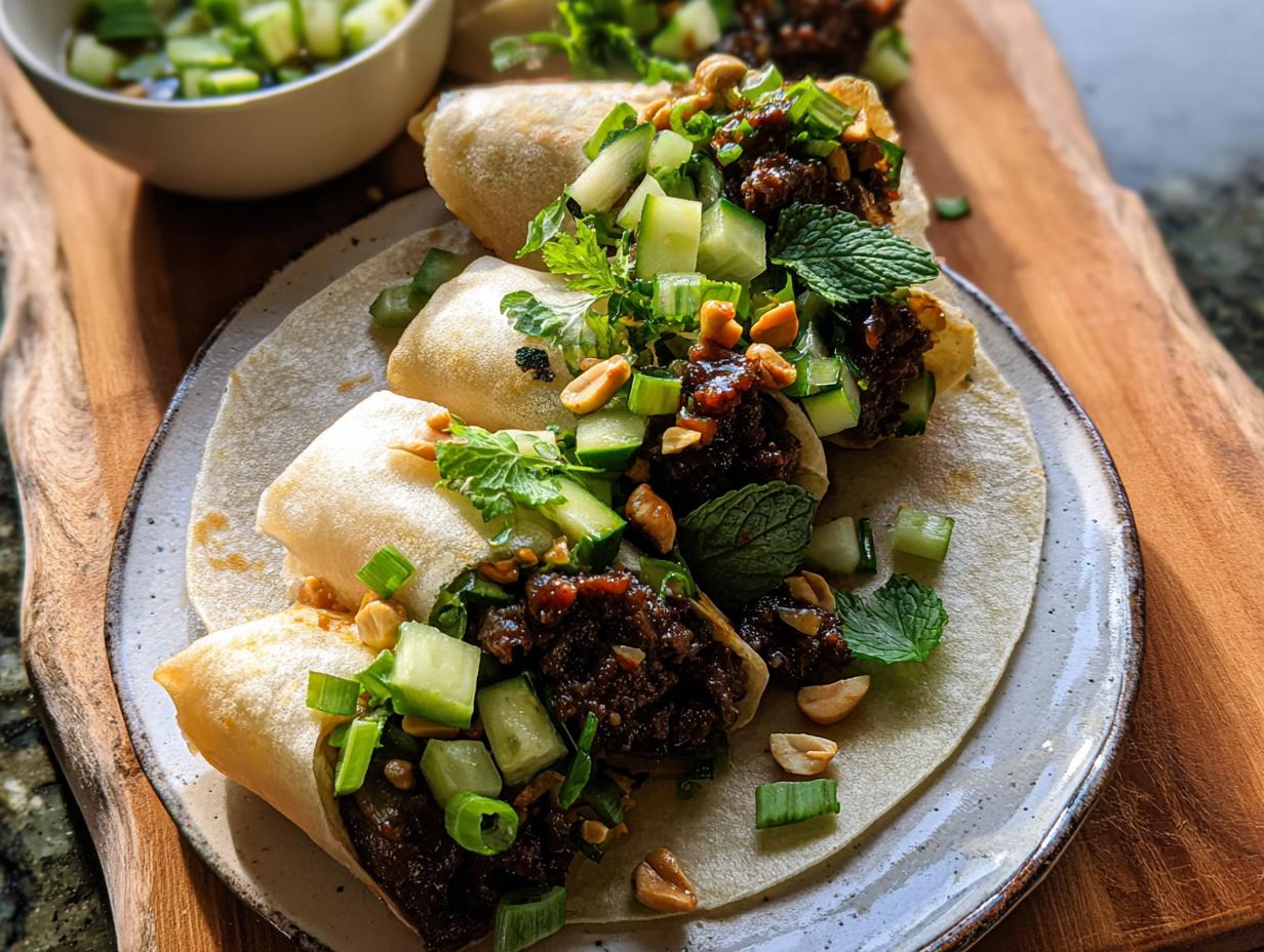 Close-up of delicious Thai Basil Beef Rolls served on a tortilla with fresh cucumber, mint, and chopped peanuts.