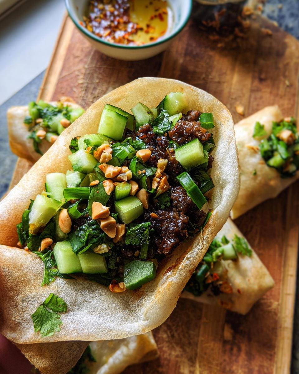 Close-up of a Thai Basil Beef Roll filled with seasoned beef, cucumber, green onions, and peanuts.