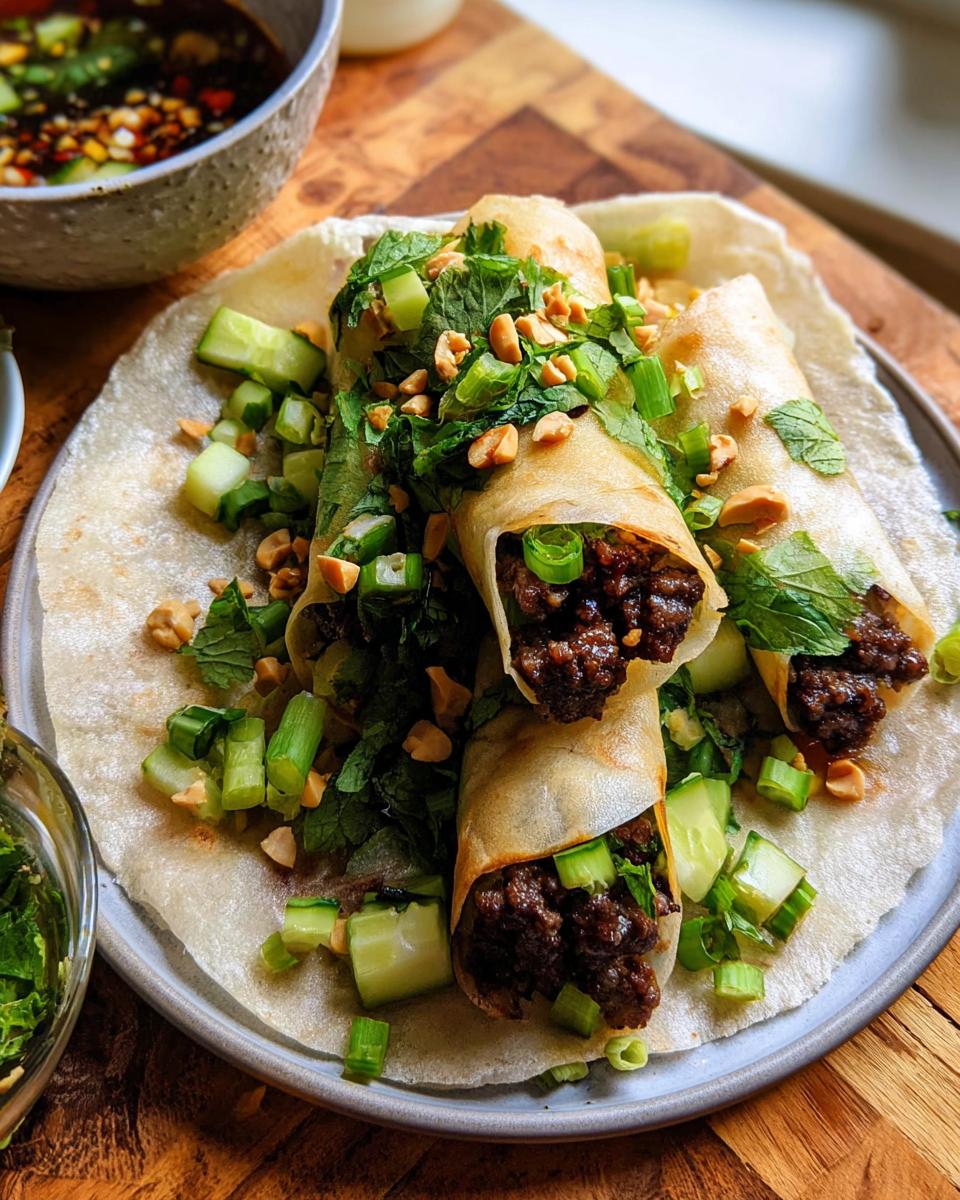 Close-up of three Thai Basil Beef Rolls on a plate, topped with chopped cucumber, peanuts, and fresh herbs.