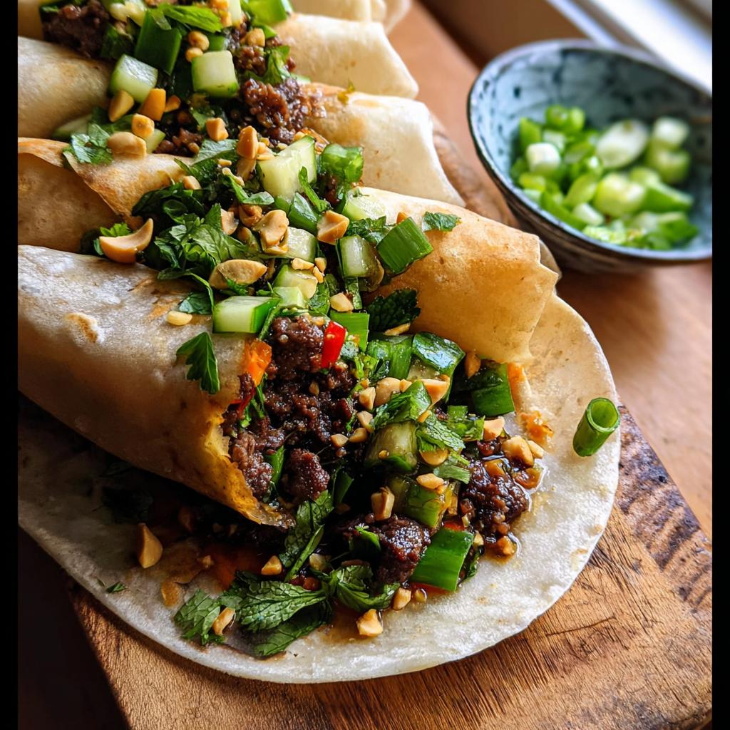 Close-up of several Thai Basil Beef Rolls filled with seasoned ground beef, cucumber, scallions, and peanuts.