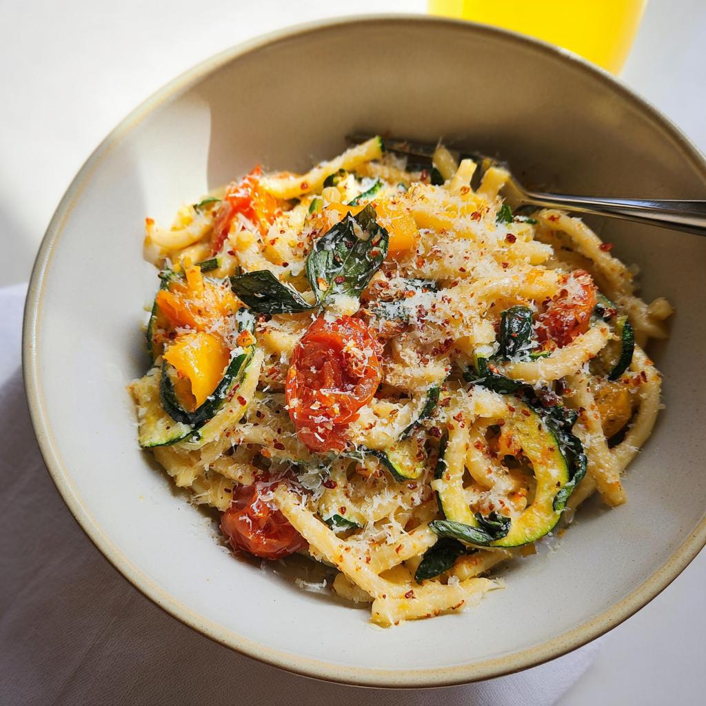 A close-up of a bowl of Tomato Zucchini Pasta, topped with grated cheese and red pepper flakes.
