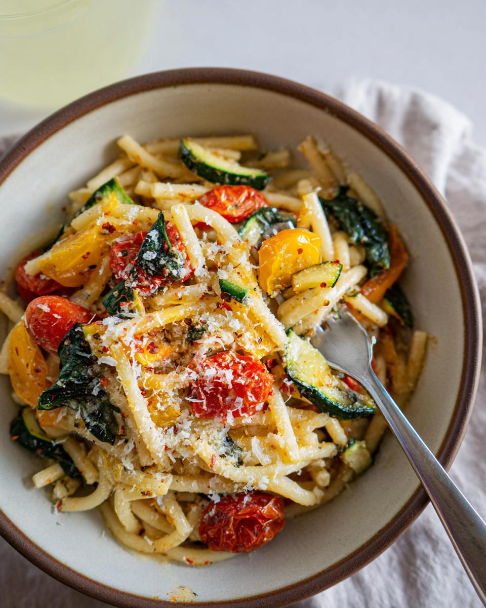 A bowl of delicious Tomato Zucchini Pasta, topped with grated Parmesan cheese and red pepper flakes.