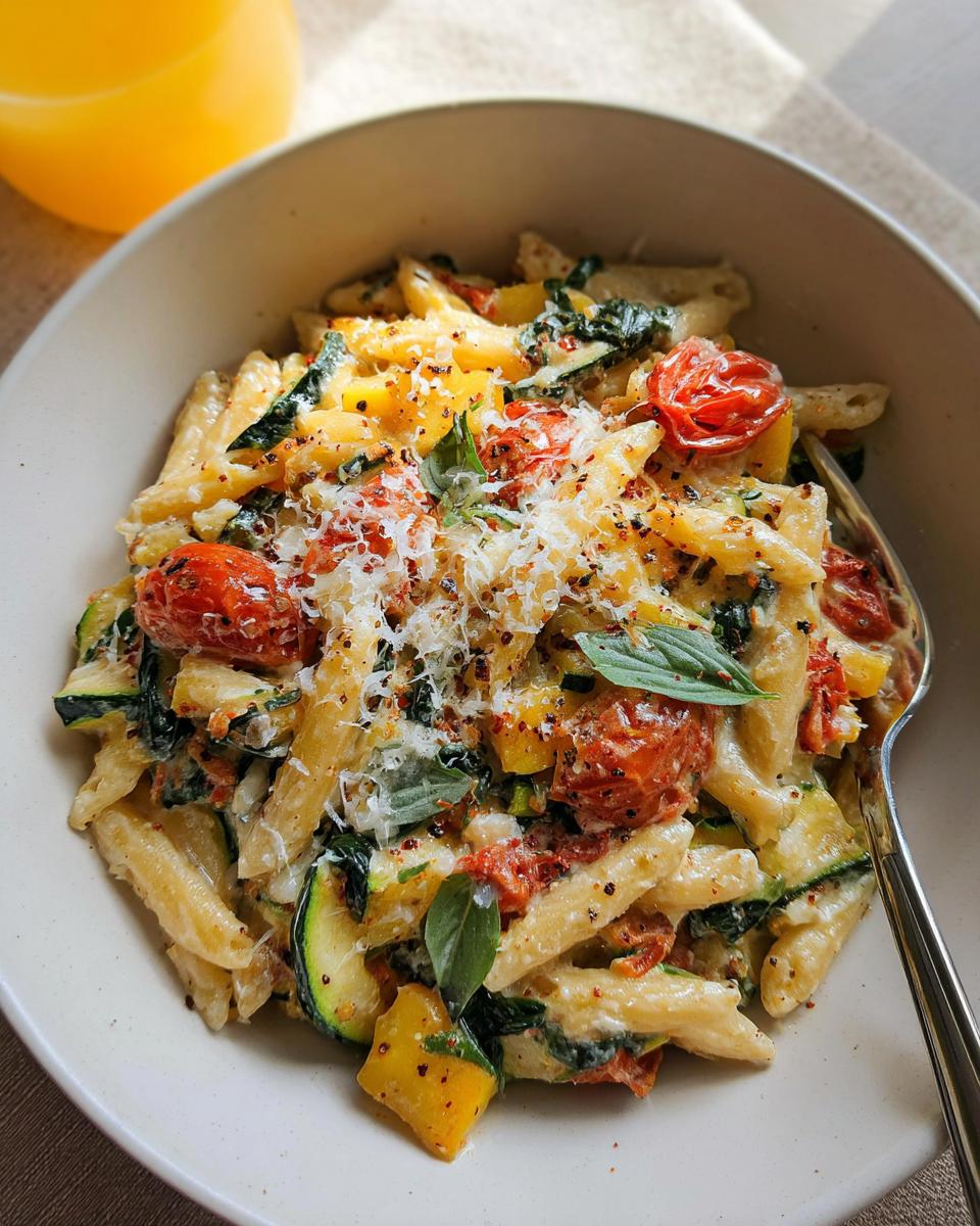 A close-up of a bowl of creamy Tomato Zucchini Pasta, topped with grated Parmesan cheese and fresh basil.