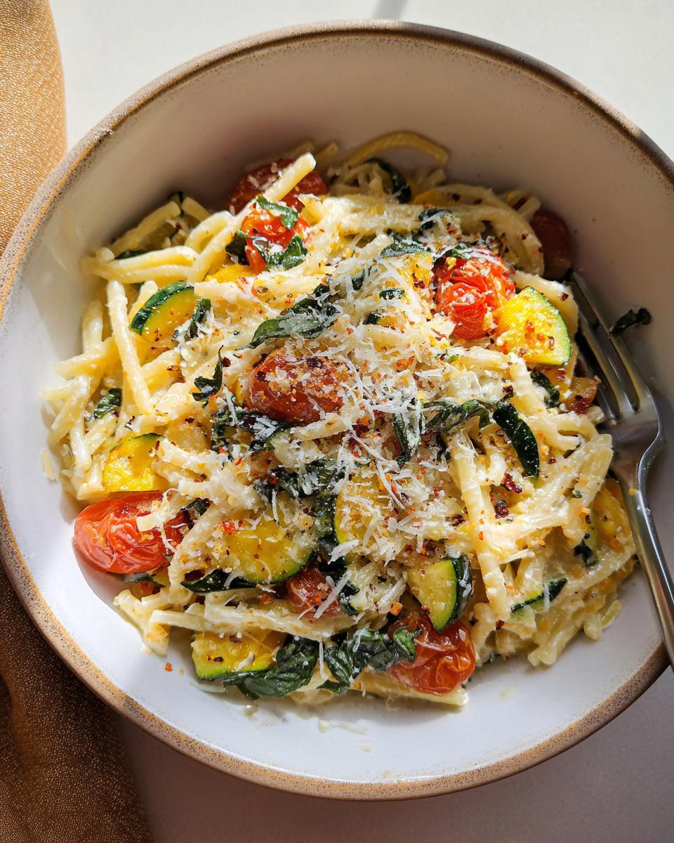 A close-up of a bowl of Tomato Zucchini Pasta, topped with fresh basil and grated Parmesan cheese.
