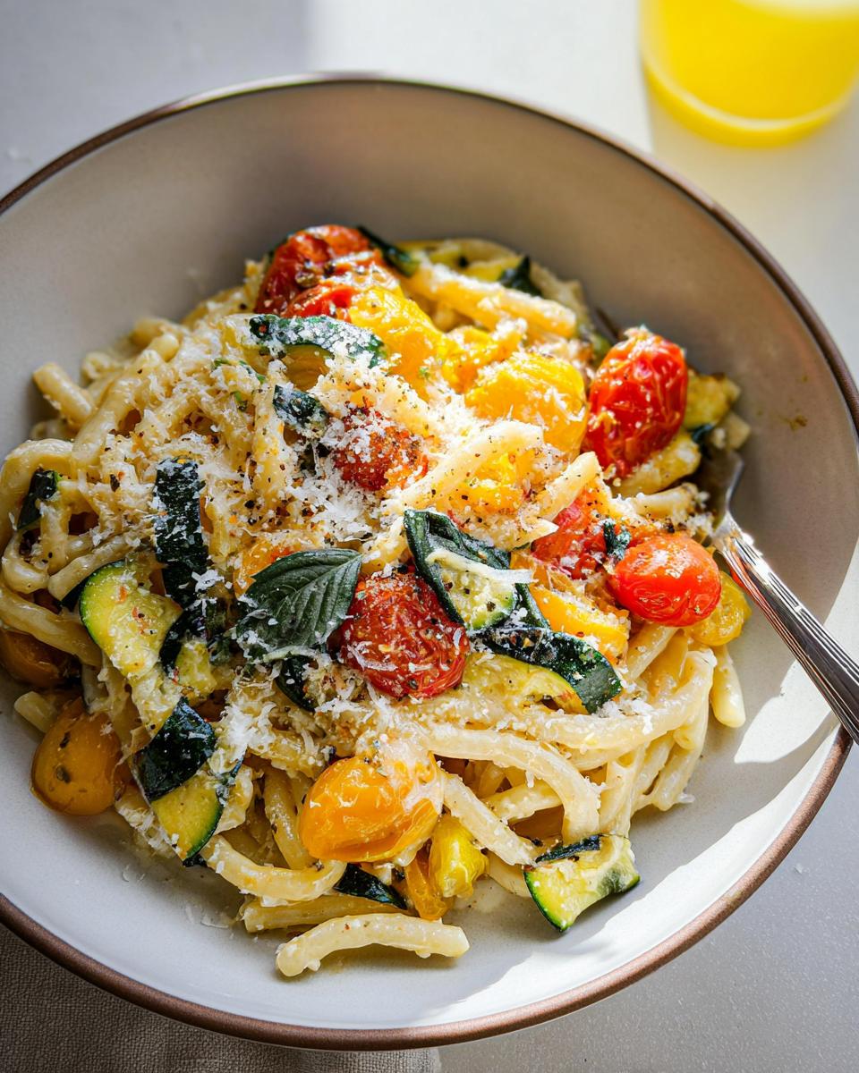 A close-up of a bowl of Tomato Zucchini Pasta, topped with grated cheese and fresh basil.