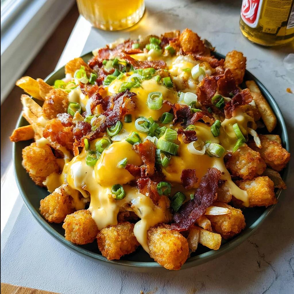 A plate of Ultimate Breakfast Poutine topped with crispy bacon, melted cheese, and green onions.
