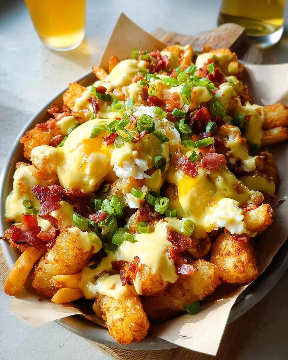A close-up of Ultimate Breakfast Poutine with crispy tater tots, poached eggs, bacon, green onions, and creamy hollandaise sauce.