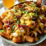 A plate piled high with Ultimate Breakfast Poutine, featuring crispy tater tots, bacon, scrambled eggs, and smothered in creamy hollandaise sauce and green onions.