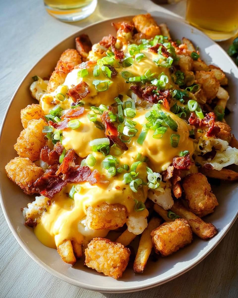 A generous serving of Ultimate Breakfast Poutine topped with creamy hollandaise sauce, crispy bacon, and fresh green onions.