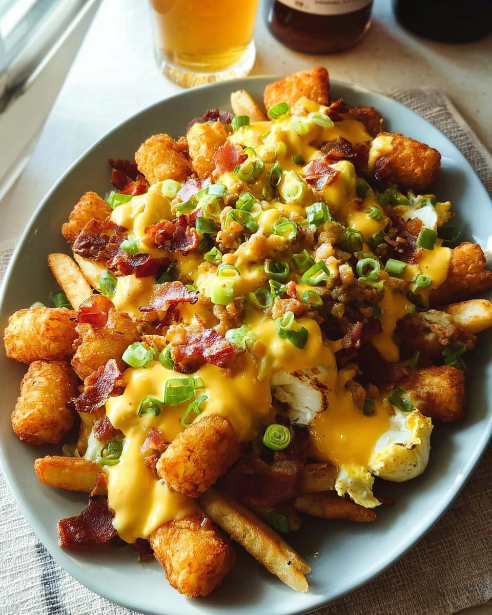 A plate of Ultimate Breakfast Poutine topped with crispy tater tots, french fries, bacon, sausage, scrambled eggs, and creamy hollandaise sauce.