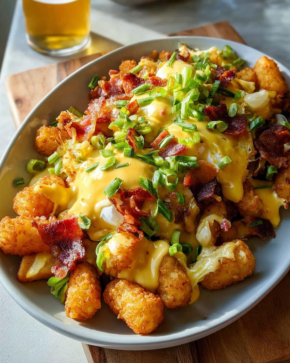A close-up of Ultimate Breakfast Poutine, featuring crispy tater tots, bacon, eggs, and creamy hollandaise sauce, topped with green onions.