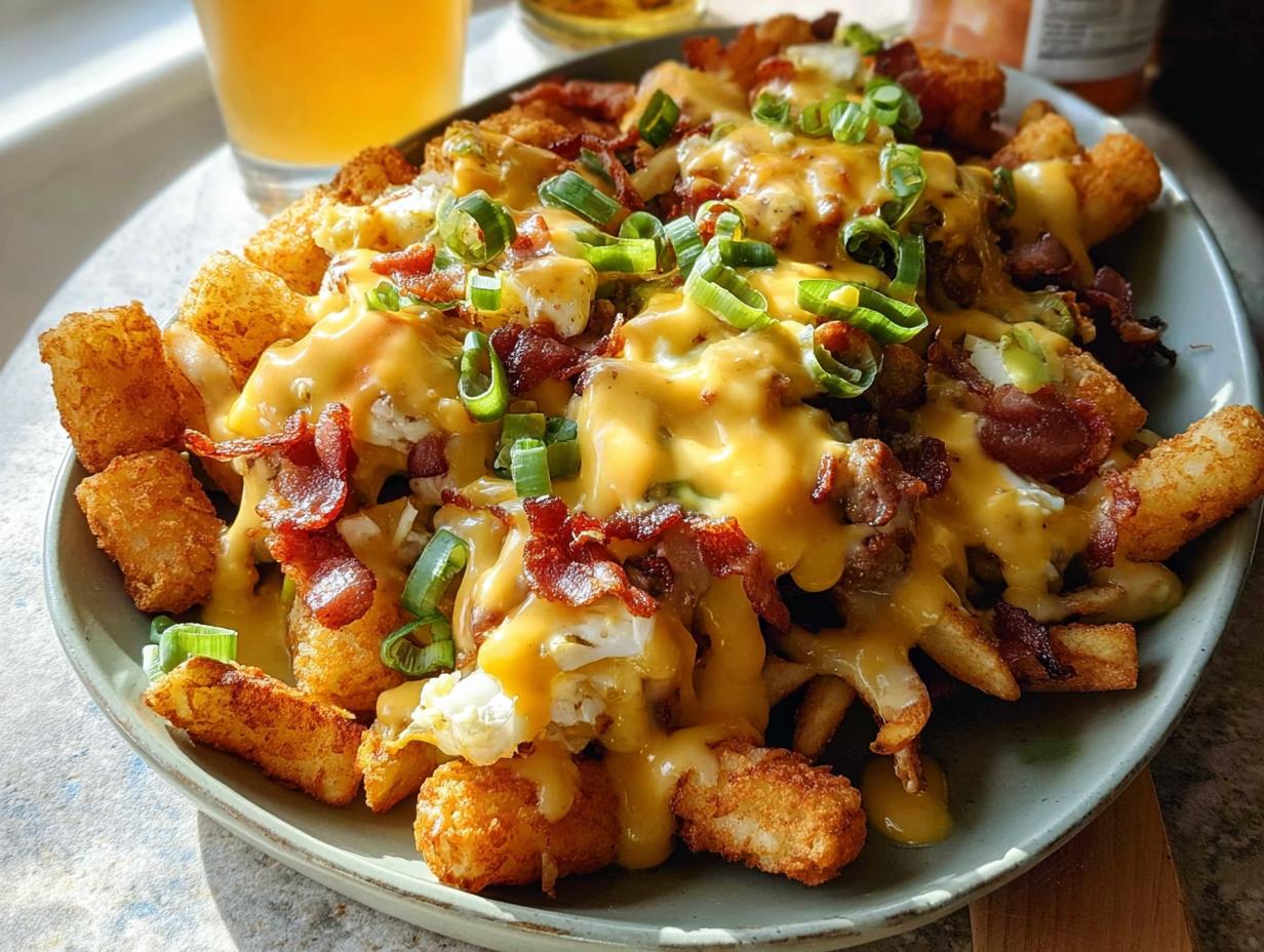 A plate piled high with Ultimate Breakfast Poutine, featuring crispy tater tots, bacon, scrambled eggs, and smothered in creamy hollandaise sauce and green onions.