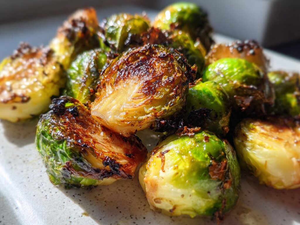 Close-up of perfectly air-fried Brussels sprouts, showing crisp, caramelized outer leaves and tender centers.