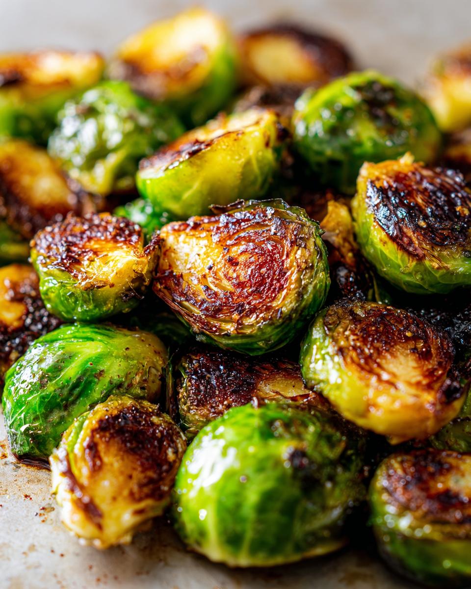 Close-up of perfectly air-fried Brussels sprouts, showing crisp, caramelized edges and vibrant green leaves.