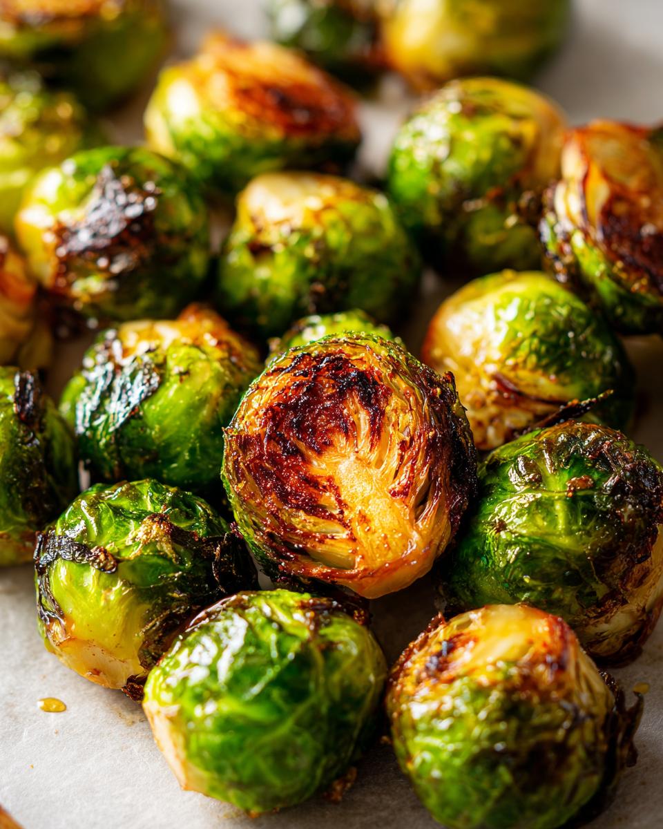 Close-up of perfectly caramelized and crisp air fryer brussels sprouts.