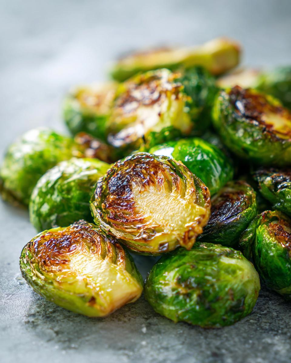 Close-up of air fryer brussels sprouts, showing crisp, caramelized edges and vibrant green leaves.