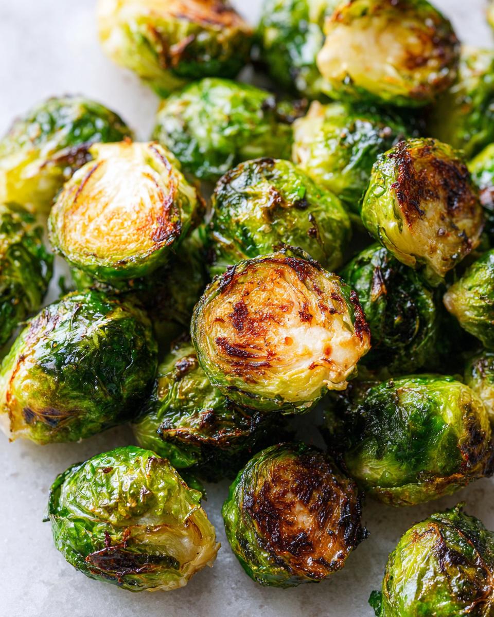 A close-up, overhead view of perfectly crisp and caramelized Brussels sprouts cooked in an air fryer.