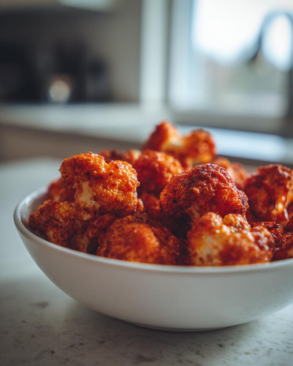A white bowl filled with crispy, orange-red buffalo cauliflower florets, ready to be enjoyed.