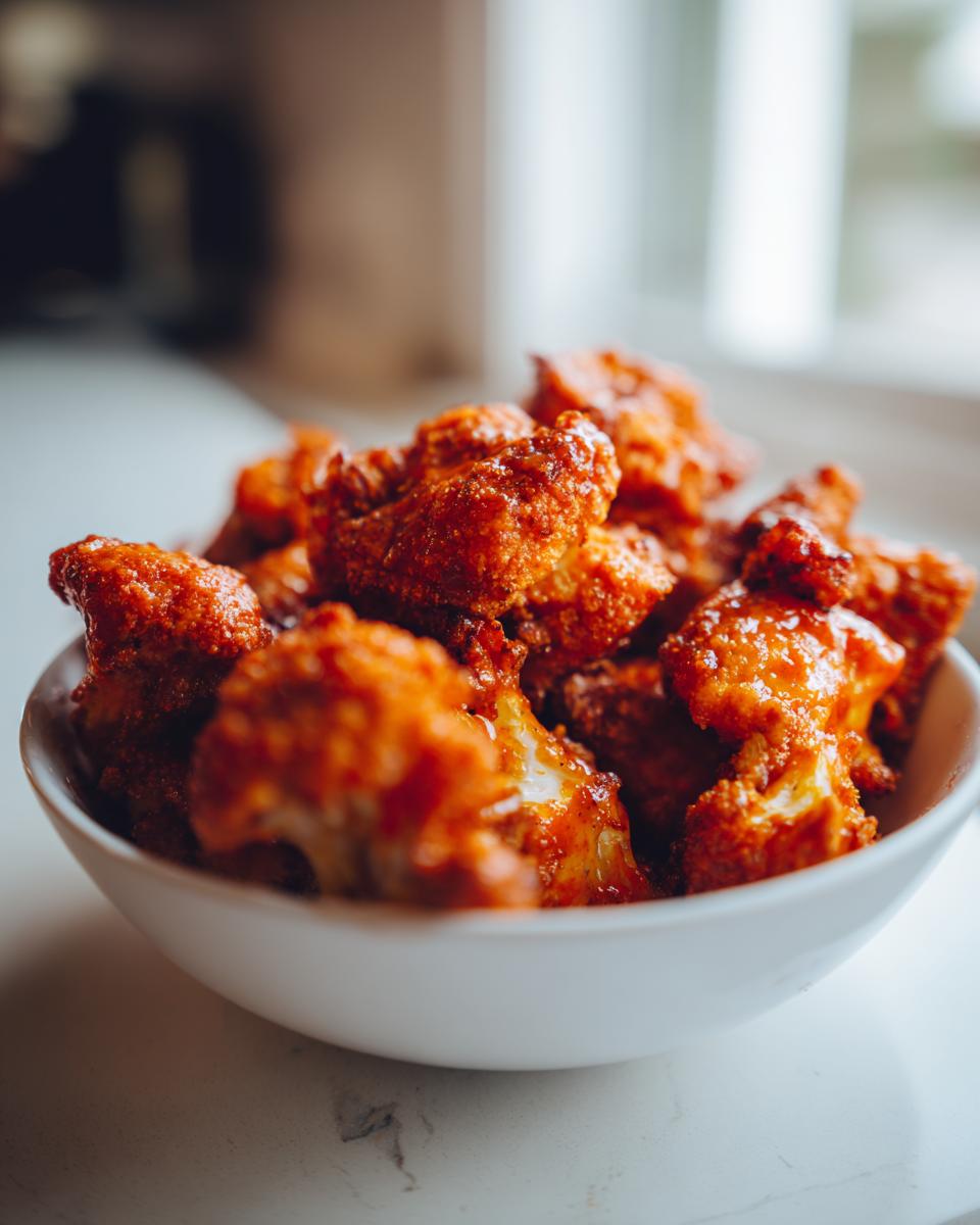 A bowl of crispy air fryer buffalo cauliflower, coated in a vibrant orange sauce.