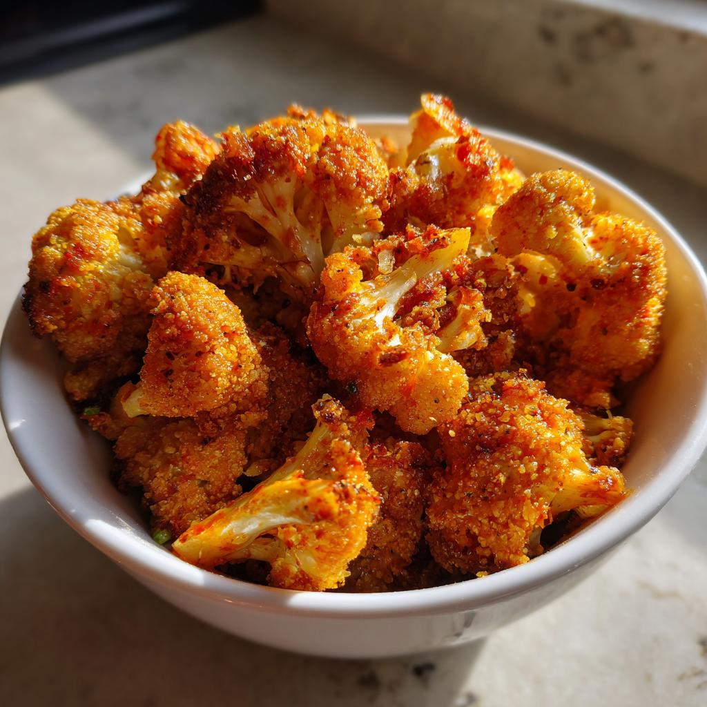 Close-up of a white bowl filled with crispy air fryer buffalo cauliflower florets, coated in a spicy red seasoning.