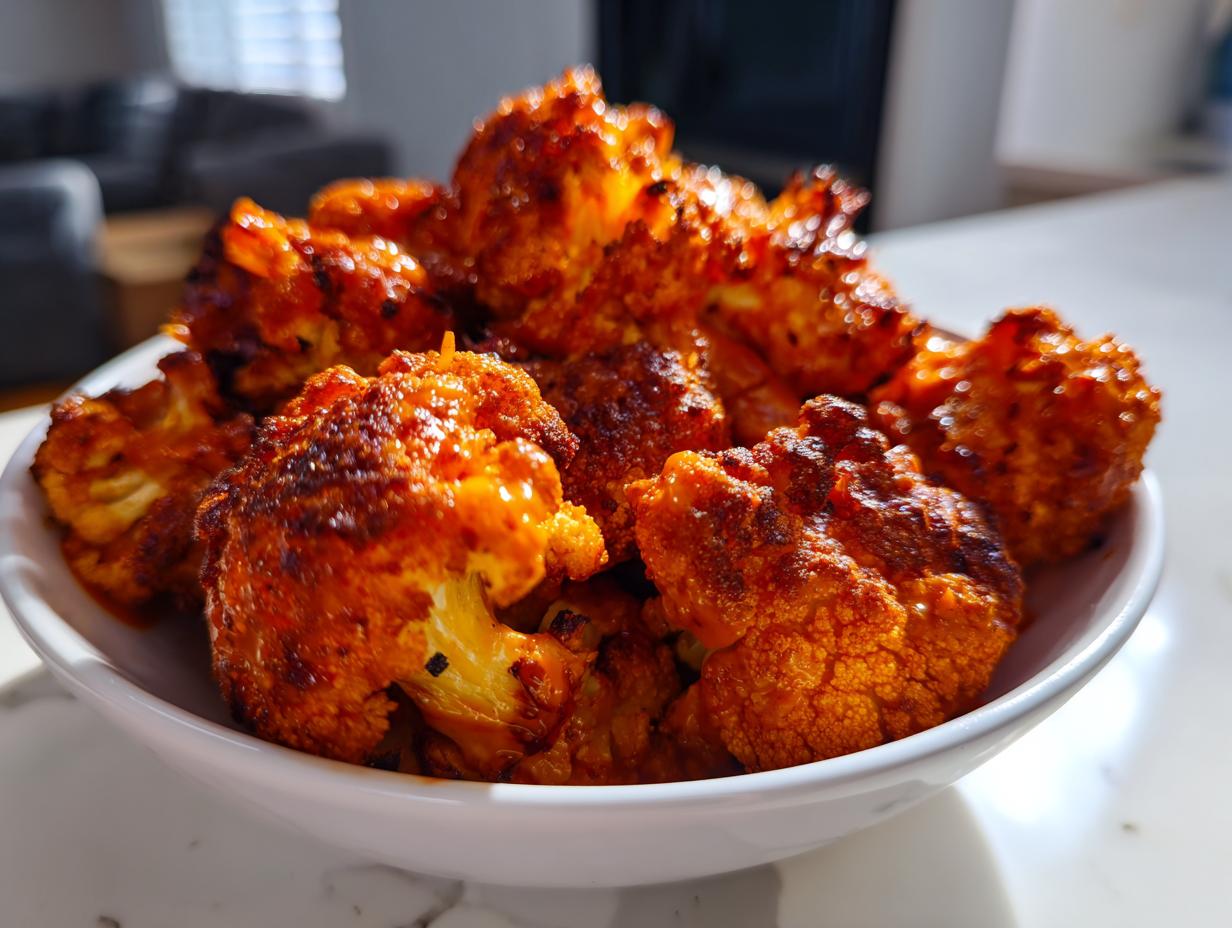 Close-up of a bowl filled with crispy, spicy buffalo cauliflower florets, perfect for air fryer recipes.