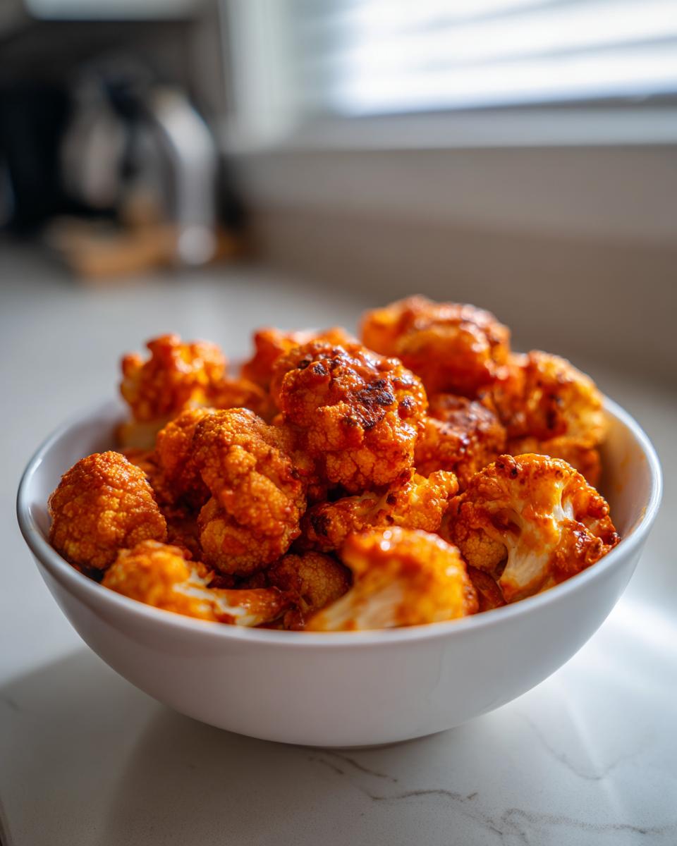 A white bowl filled with crispy, saucy buffalo cauliflower florets, perfect for air fryer recipes.