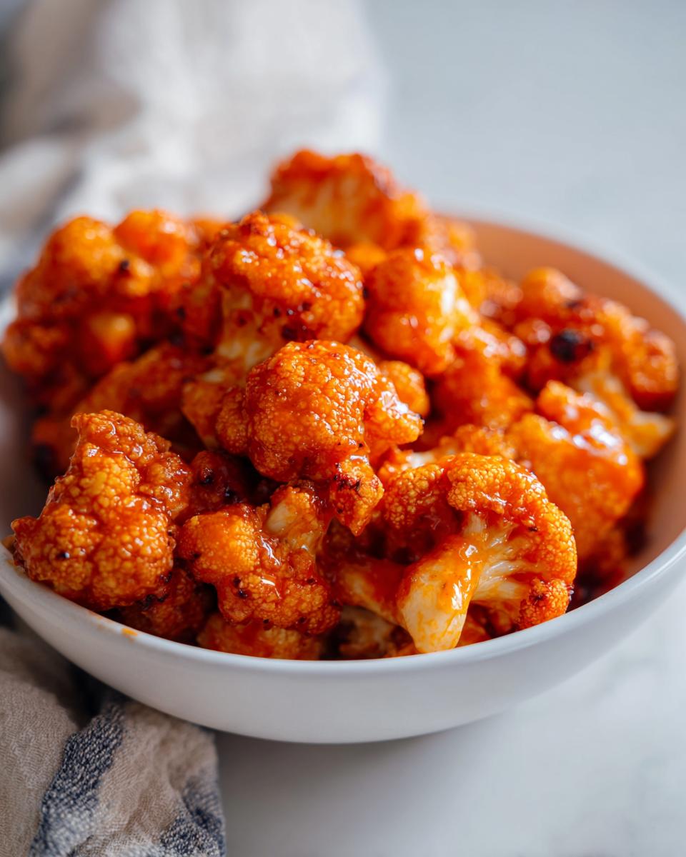 A bowl of crispy Air Fryer Buffalo Cauliflower coated in a vibrant orange sauce, showcasing extra crunch.