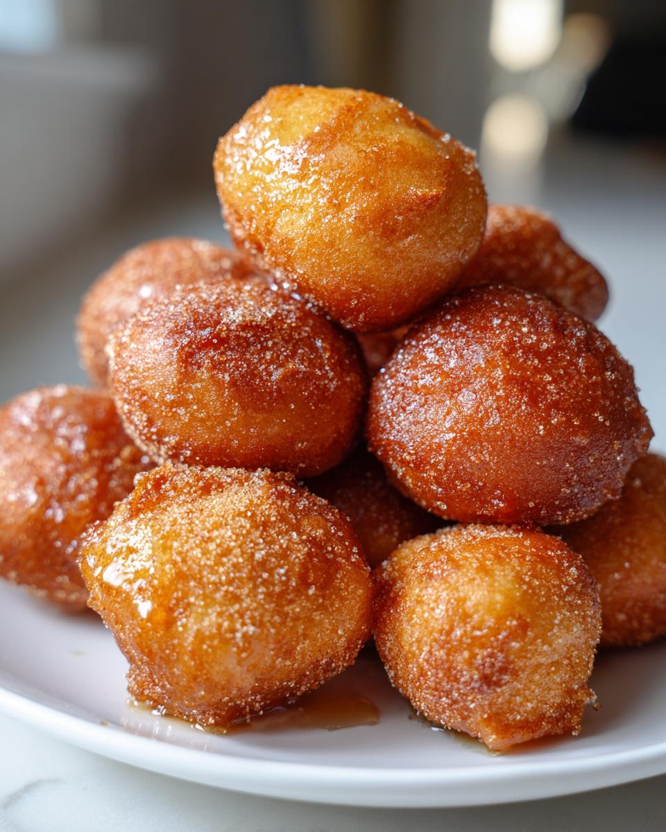 A pile of golden brown air fryer donut holes coated in cinnamon sugar.