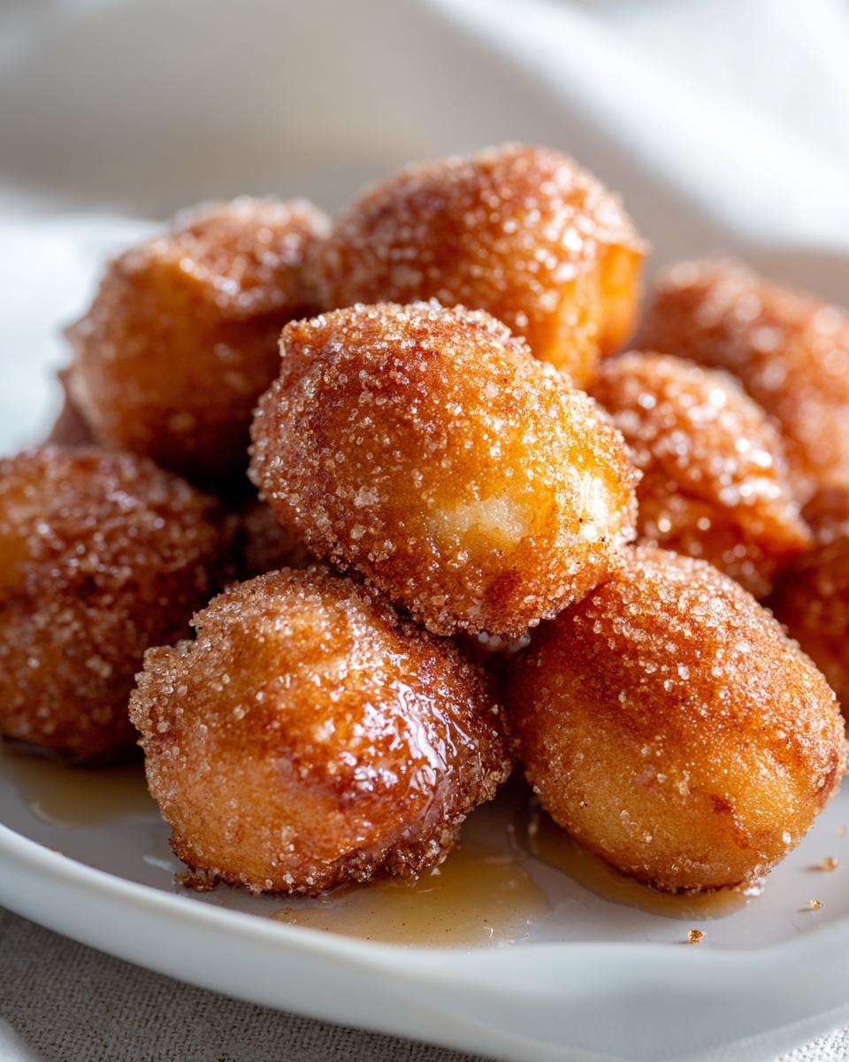 A close-up shot of a pile of freshly made air fryer donut holes coated in cinnamon sugar.
