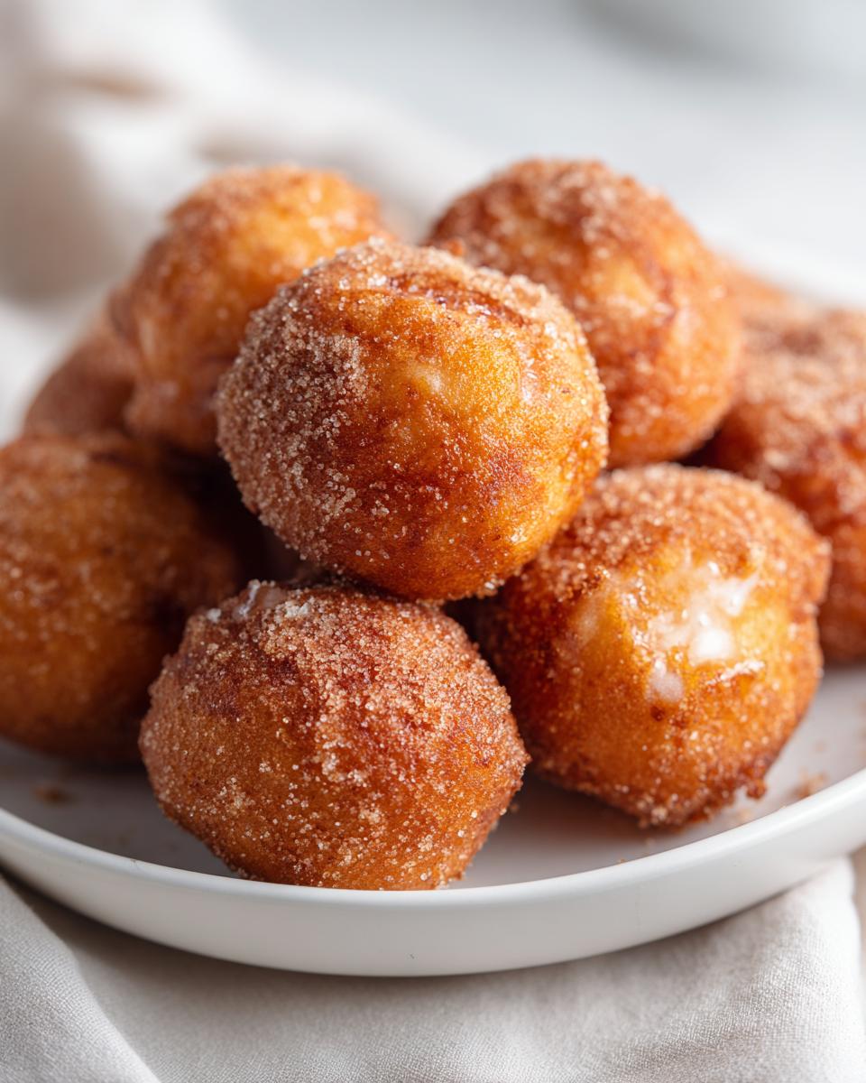 Close-up of a pile of golden-brown cinnamon sugar donut holes made in an air fryer.