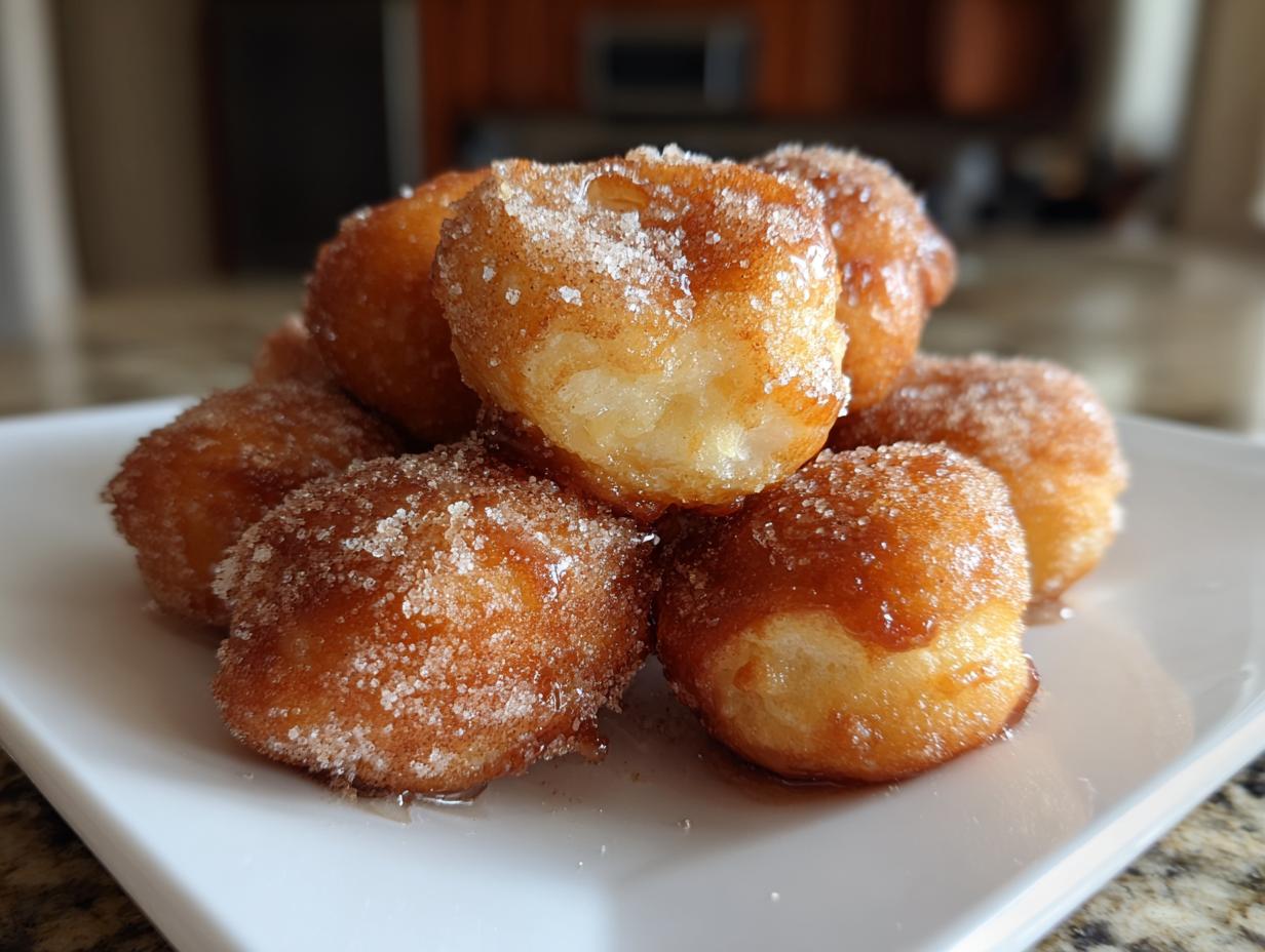 A pile of golden brown, fluffy donut holes coated in cinnamon sugar, perfect for air fryer recipes.