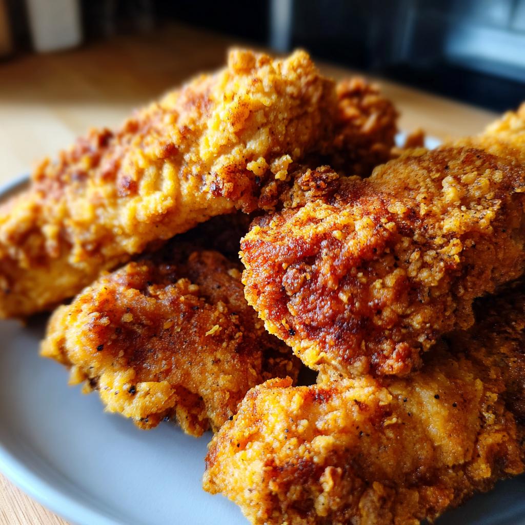 A close-up shot of a pile of golden-brown, crispy chicken tenders made using air fryer recipes.