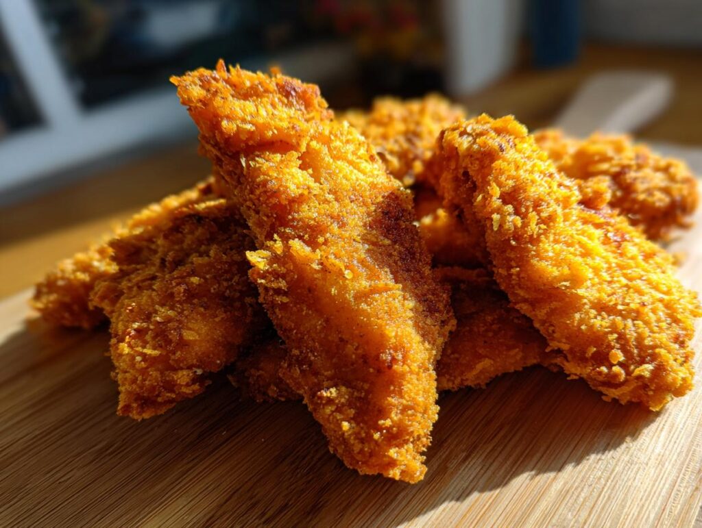 Golden brown and crispy chicken tenders piled on a wooden board, made using air fryer recipes.