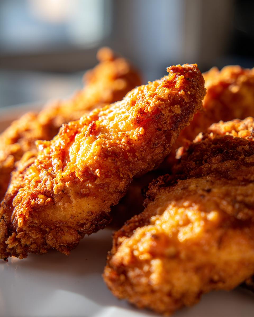 Close-up of golden-brown, crispy chicken tenders made in an air fryer.