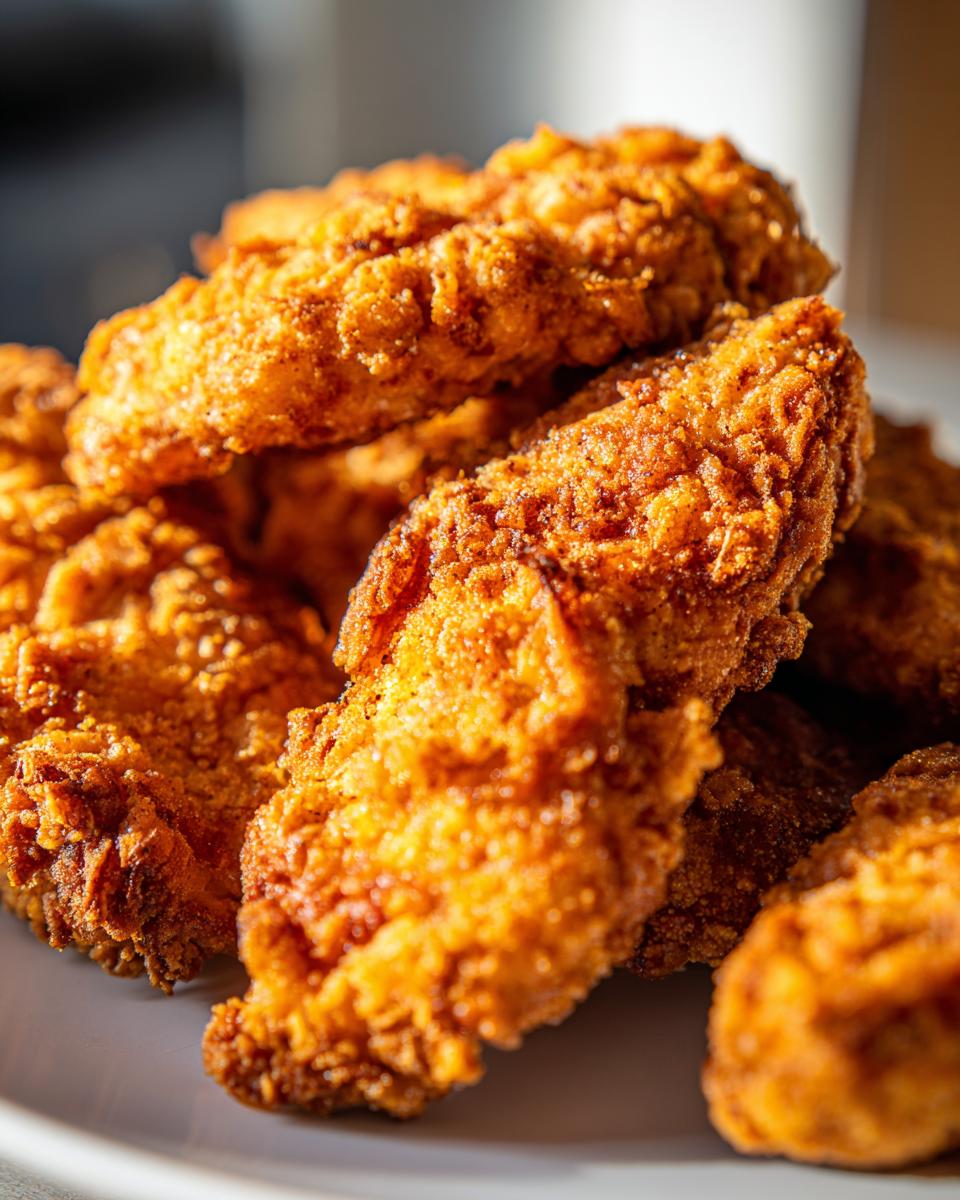 A close-up shot of golden-brown, crispy chicken tenders piled on a white plate, perfect for air fryer recipes.