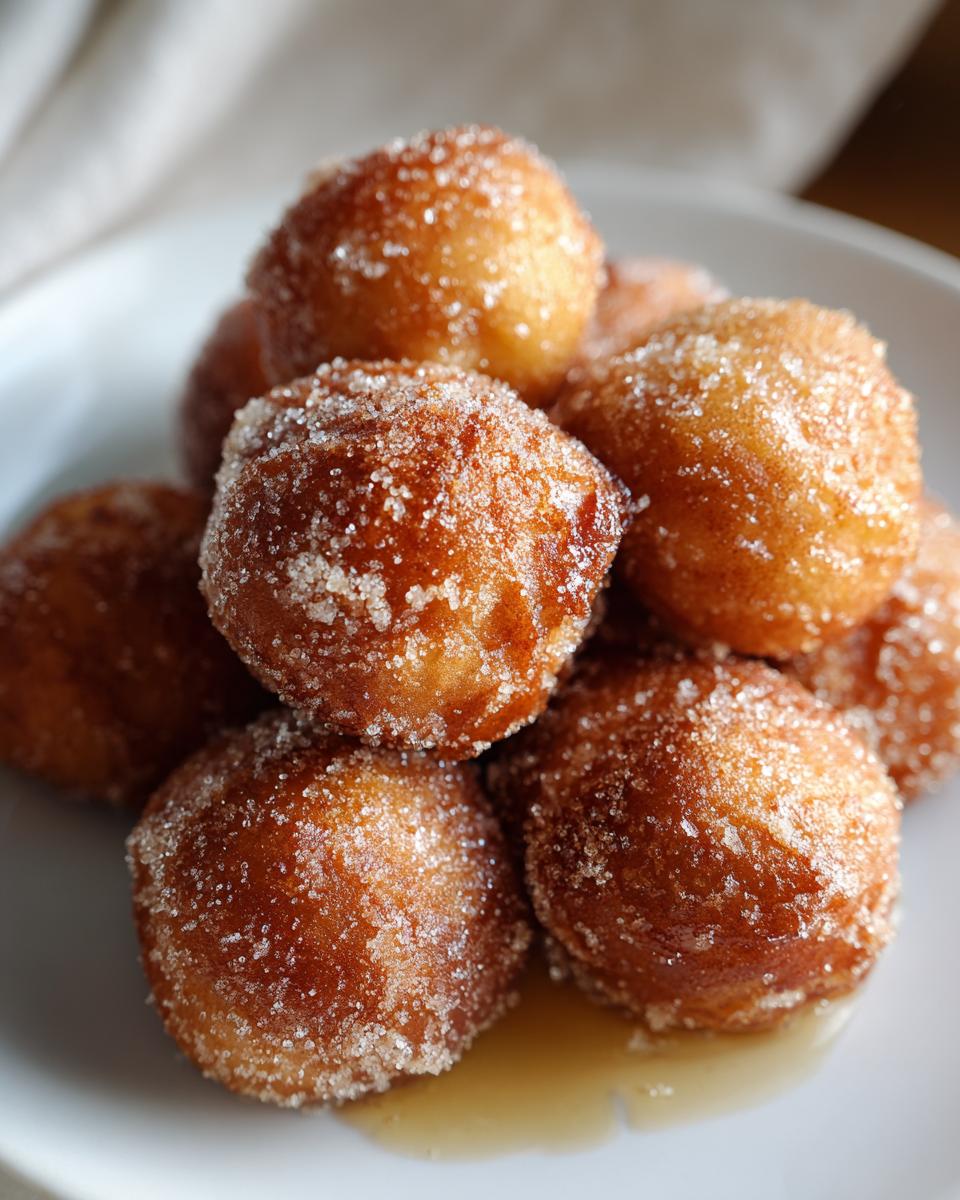 Close-up of a pile of homemade cinnamon sugar donut holes made in an air fryer.