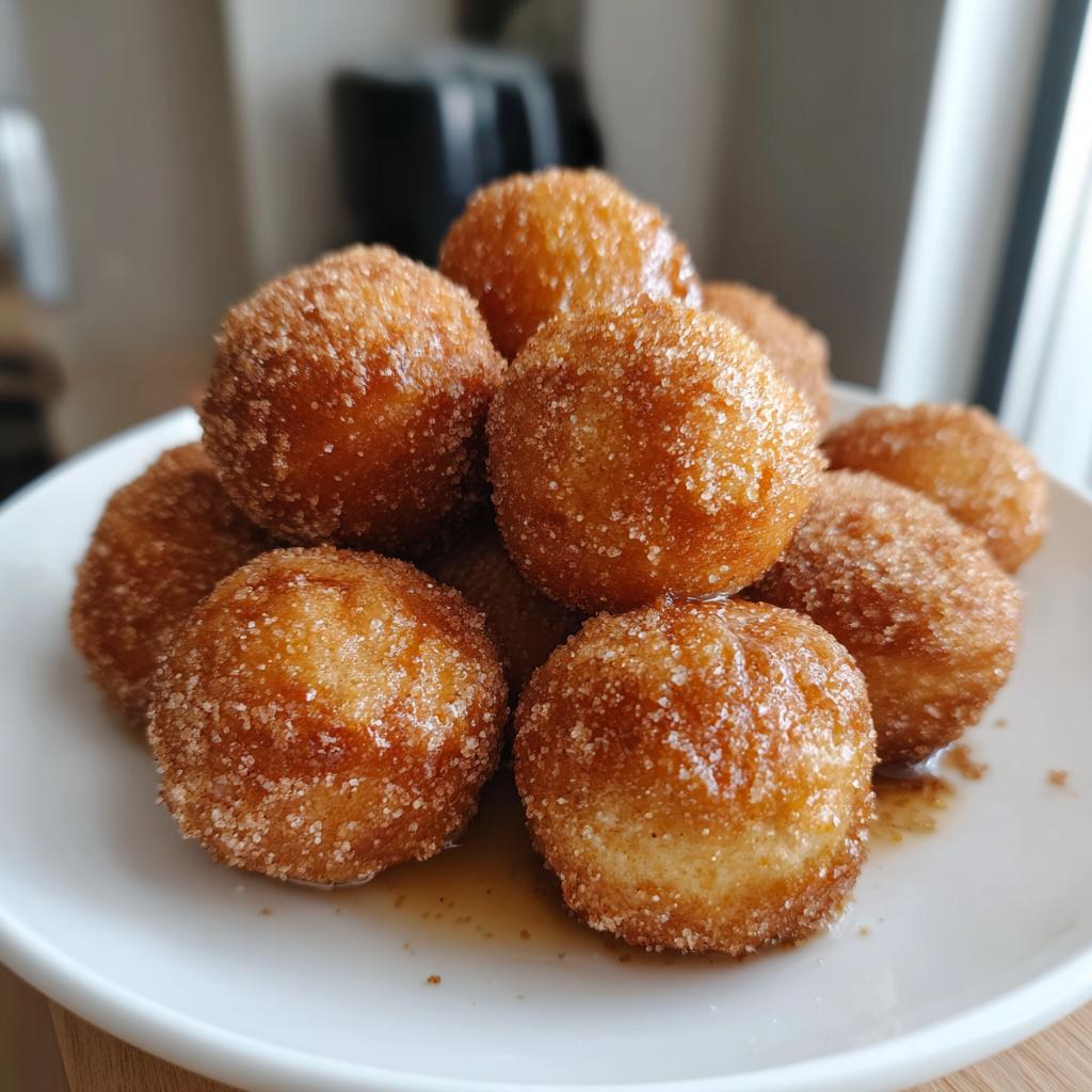A pile of golden brown air fryer donut holes coated in cinnamon sugar on a white plate.