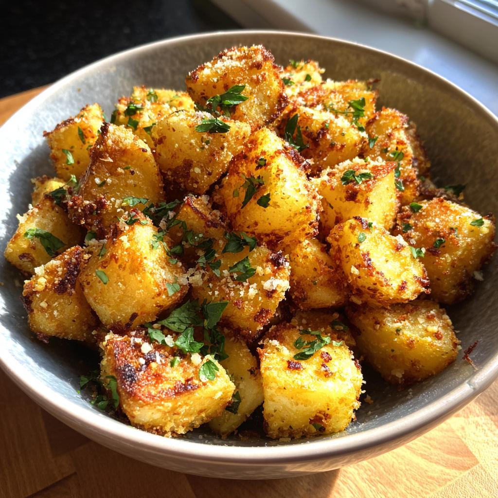 A bowl of golden-brown air fryer garlic parmesan potatoes, sprinkled with fresh parsley.