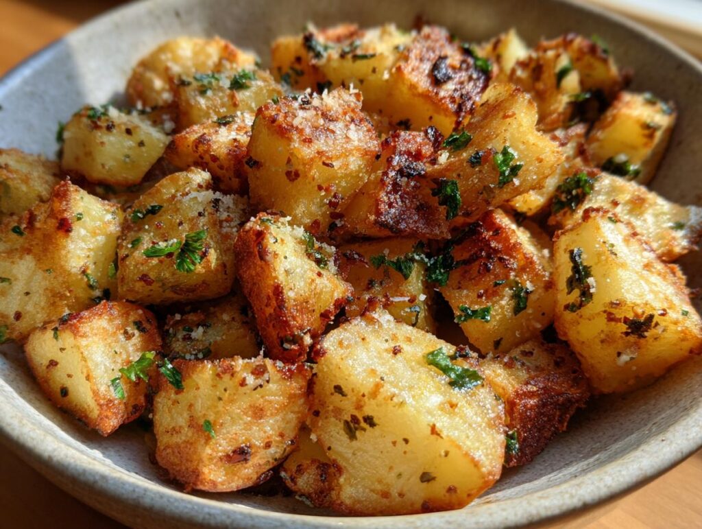 Close-up of golden brown, crispy air fryer garlic parmesan potatoes sprinkled with parsley and cheese.