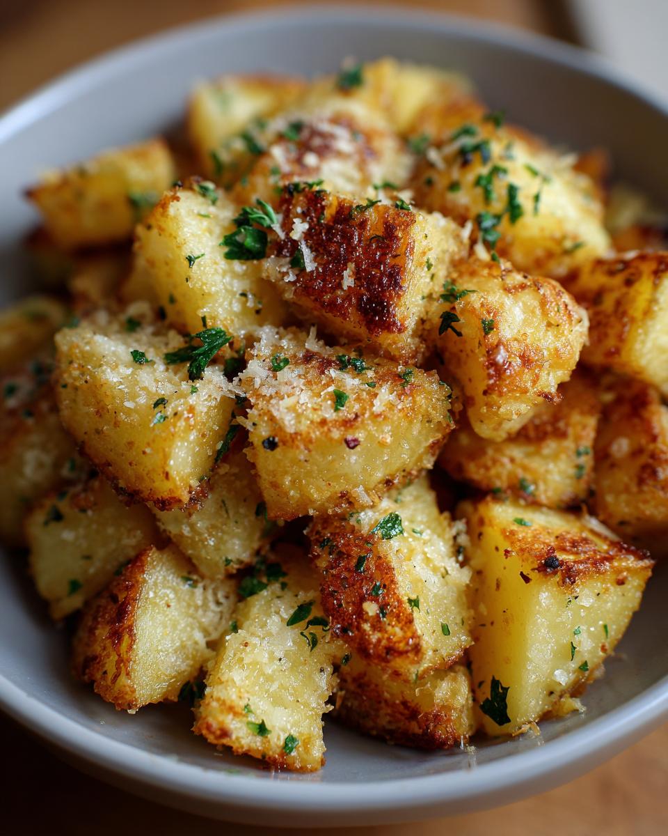Close-up of golden-brown air fryer garlic parmesan potatoes, sprinkled with fresh parsley and grated cheese.