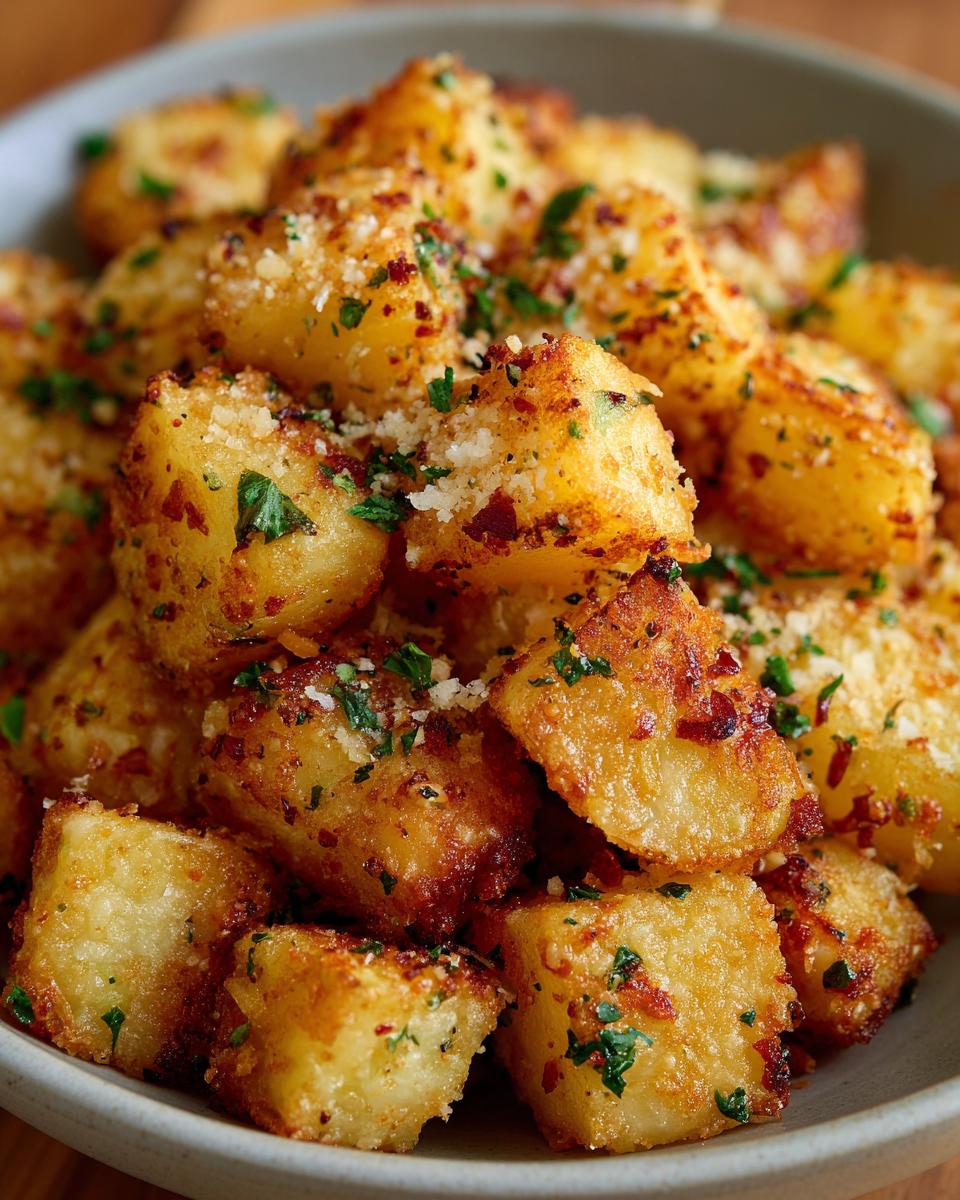 Close-up of golden-brown air fryer garlic parmesan potatoes, sprinkled with cheese and parsley.